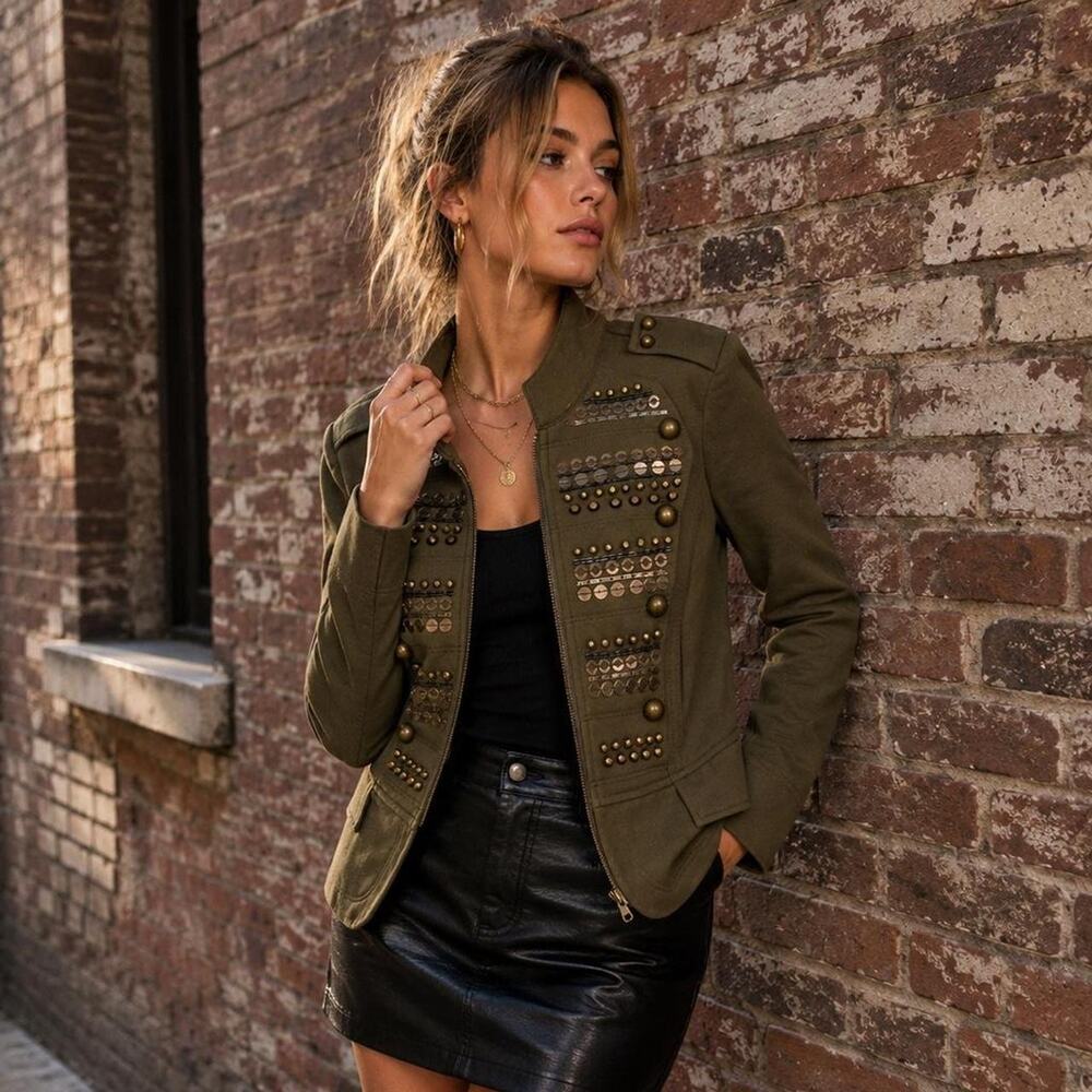 INC International Concepts Olive Studded Military Peplum Jacket Small
